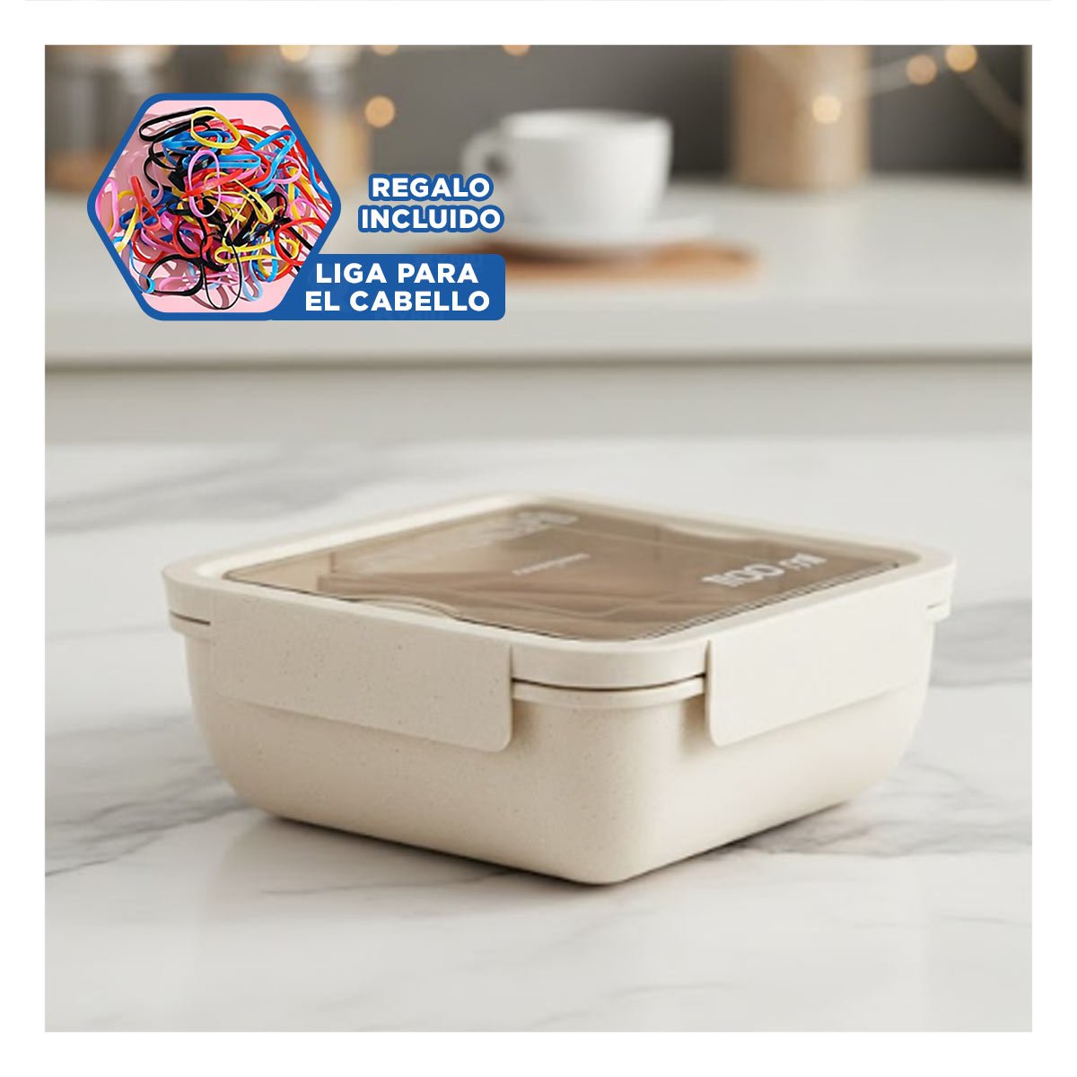 CONTENEDOR CUADRADO CON CUBIERTOS 1100ML BEIGE PARA LUNCH Y VIAJE AL TRABAJO YLIGAS REGALO - 2