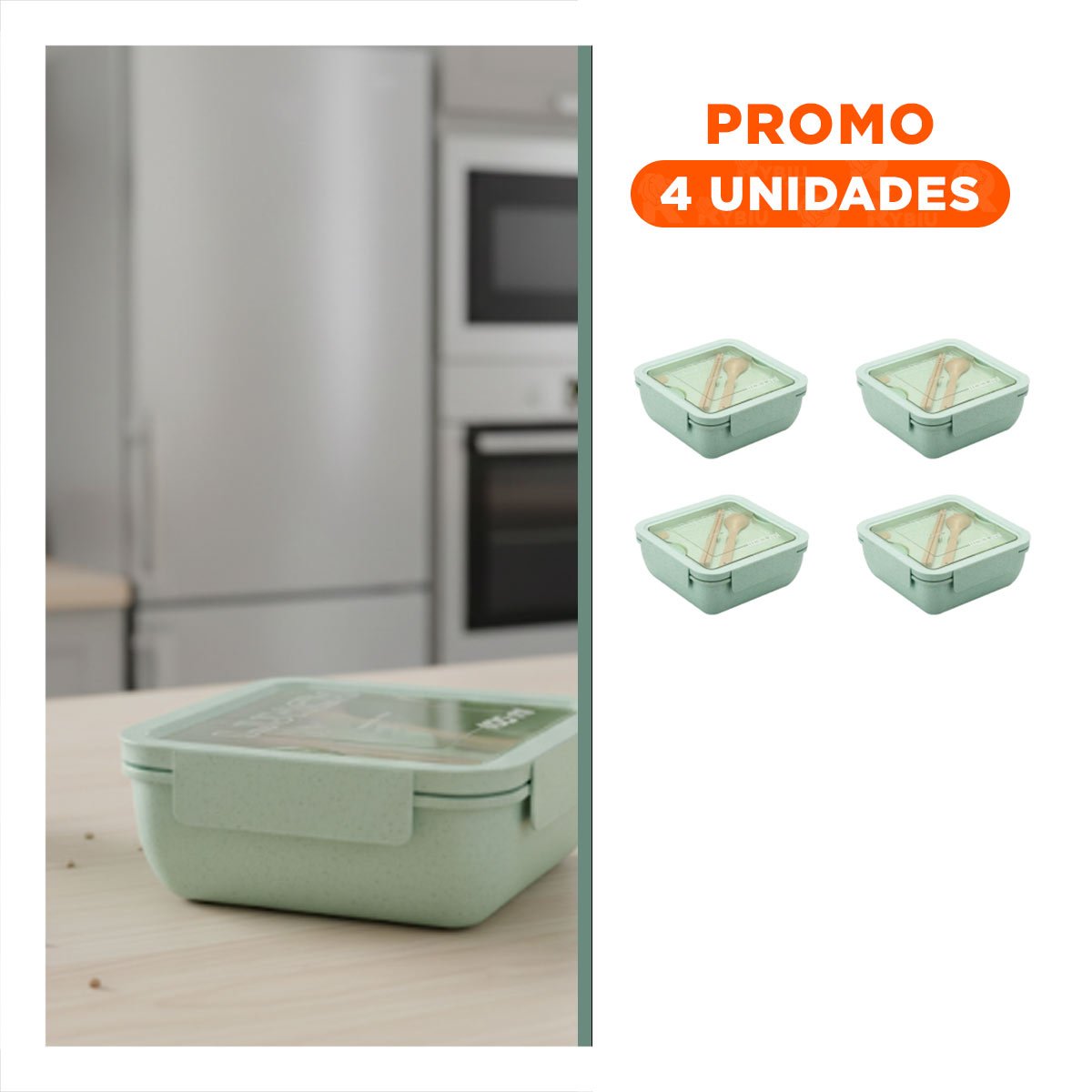 PACK4 ALMACENADOR CUADRADO CON CUBIERTOS 1100ML VERDE AGUA PARA LUNCH Y HOGAR - 1