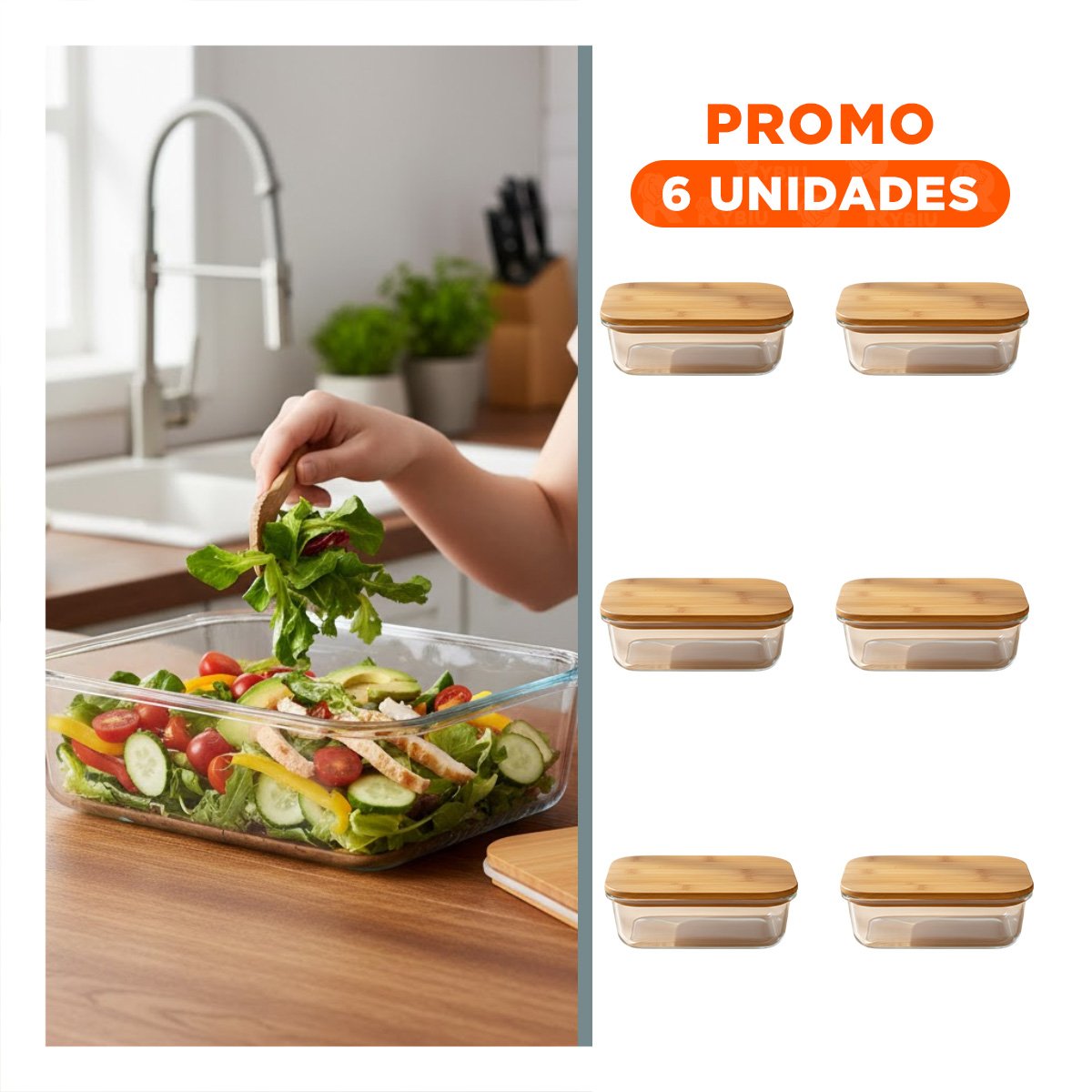 PACK6 ENVASE DE VIDRIO 1040ML RECTANGULAR TRANSPARENTE CON TAPA BAMBU FRESCO YREGALO STICKER - 1