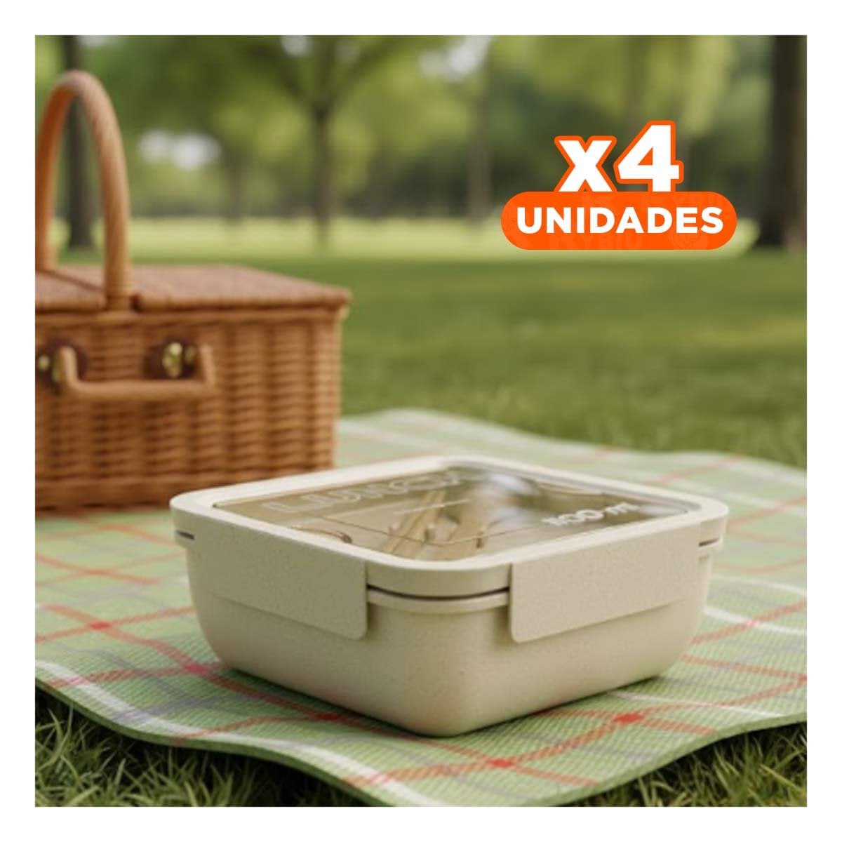 PACK4 CAJA MULTIPROPOSITO CON CUBIERTOS 1100ML BEIGE PARA LUNCH Y TRANSPORTE YPAPEL REGALO - 1