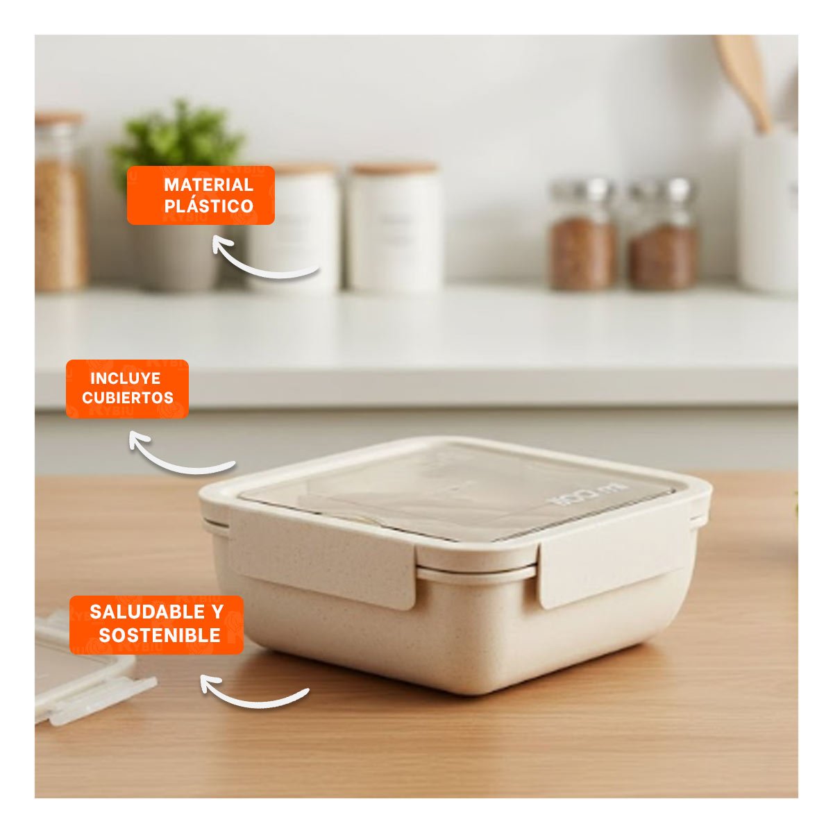PACK4 CAJA MULTIPROPOSITO CON CUBIERTOS 1100ML BEIGE PARA LUNCH Y TRANSPORTE YPAPEL REGALO - 2
