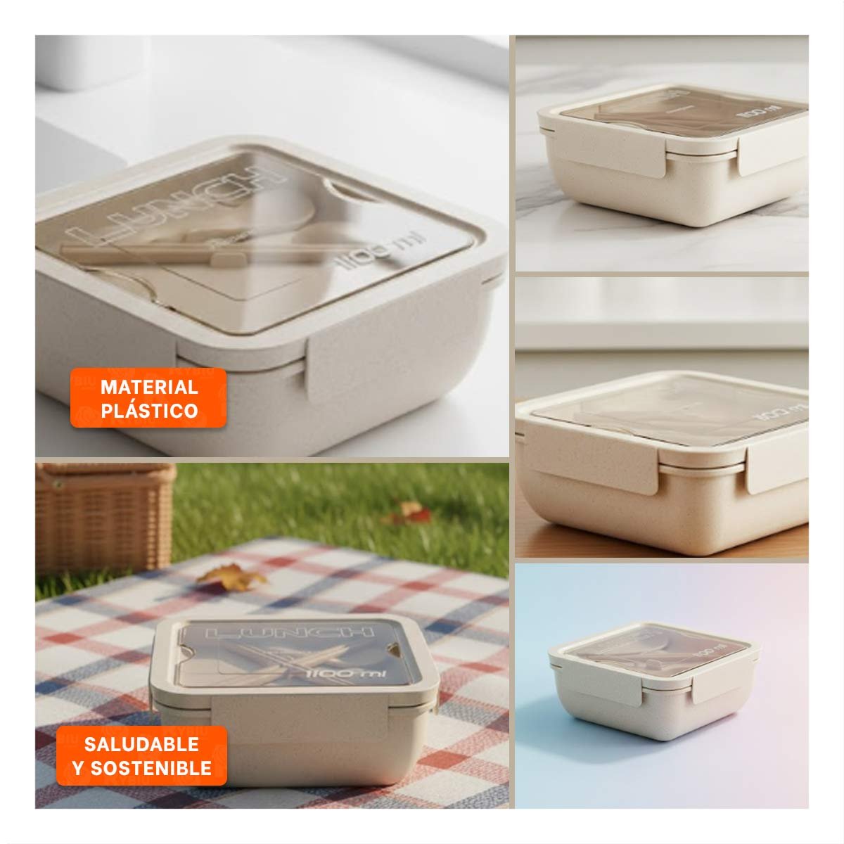 PACK2 ENVASE HERMETICO CON CUBIERTOS 1100ML BEIGE PARA LUNCH Y OFICINA O ESCUELA YPAPEL REGALO - 3