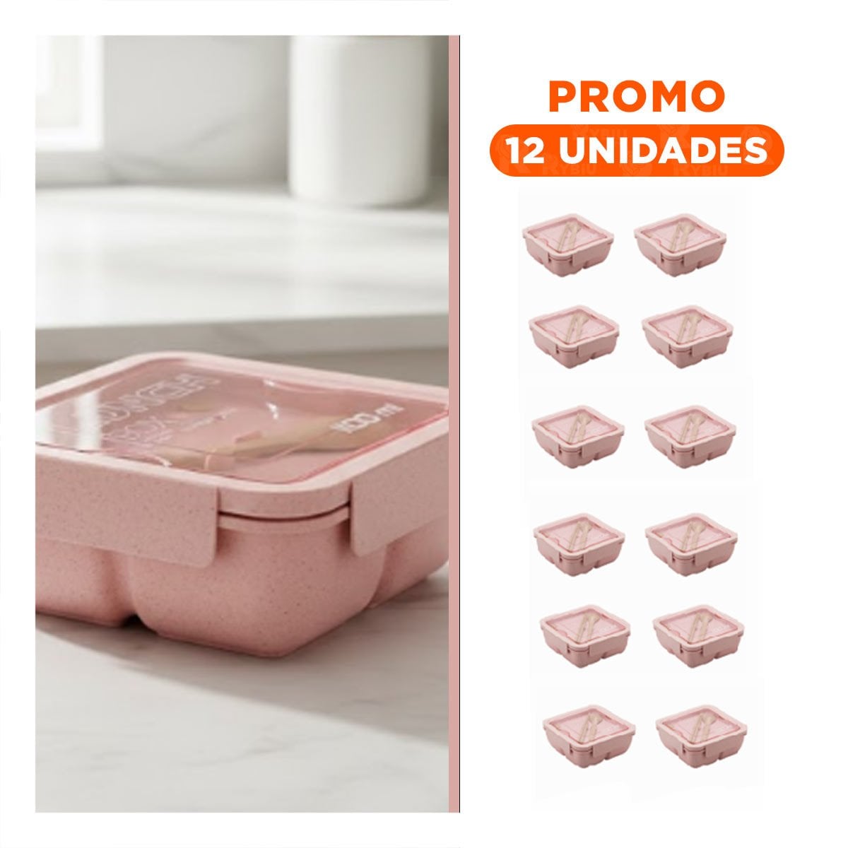 PACK12 CONTENEDOR CUADRADO CON CUBIERTOS 1100ML ROSADO PARA LUNCH Y MANTENER FRESCA - 1