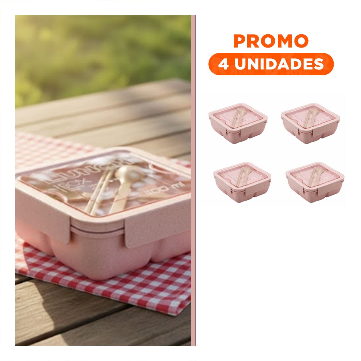 PACK4 TAPER CUADRADO CON CUBIERTOS 1100ML ROSADO PARA LUNCH Y TRANSPORTAR COMIDA - 1