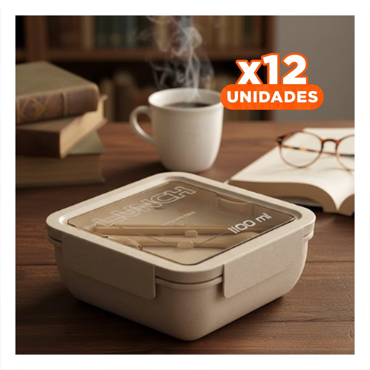 PACK12 TAPER DURABLE CON CUBIERTOS 1100ML BEIGE PARA LUNCH Y COMIDA DE OFICINA YPAPEL REGALO - 1