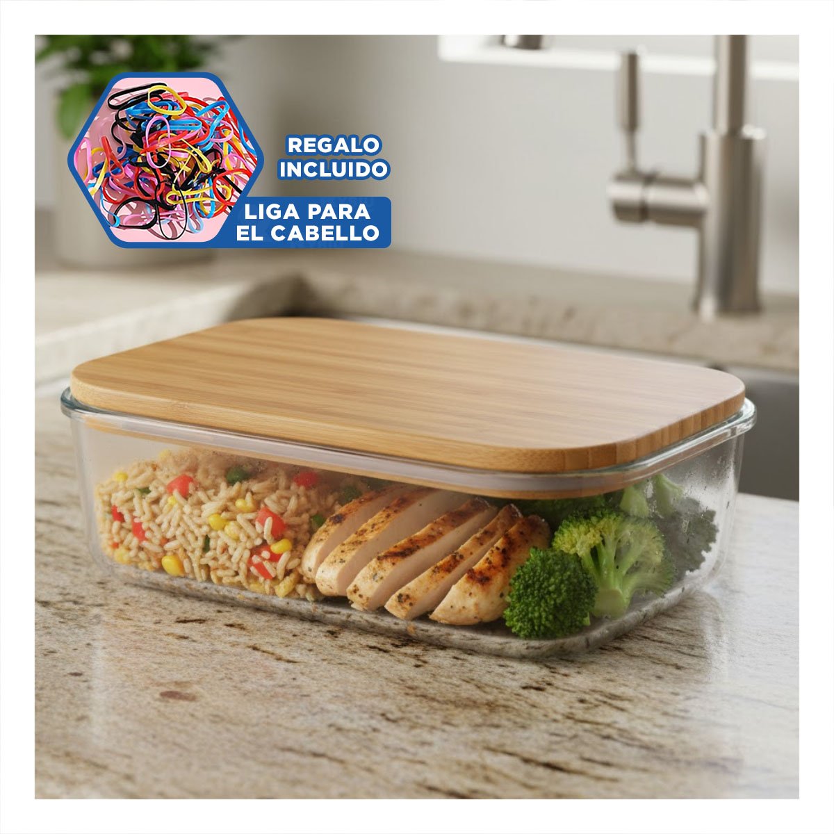 RECIPIENTE DE VIDRIO 640ML RECTANGULAR TRANSPARENTE CON TAPA DE BAMBU YLIGAS REGALO - 2