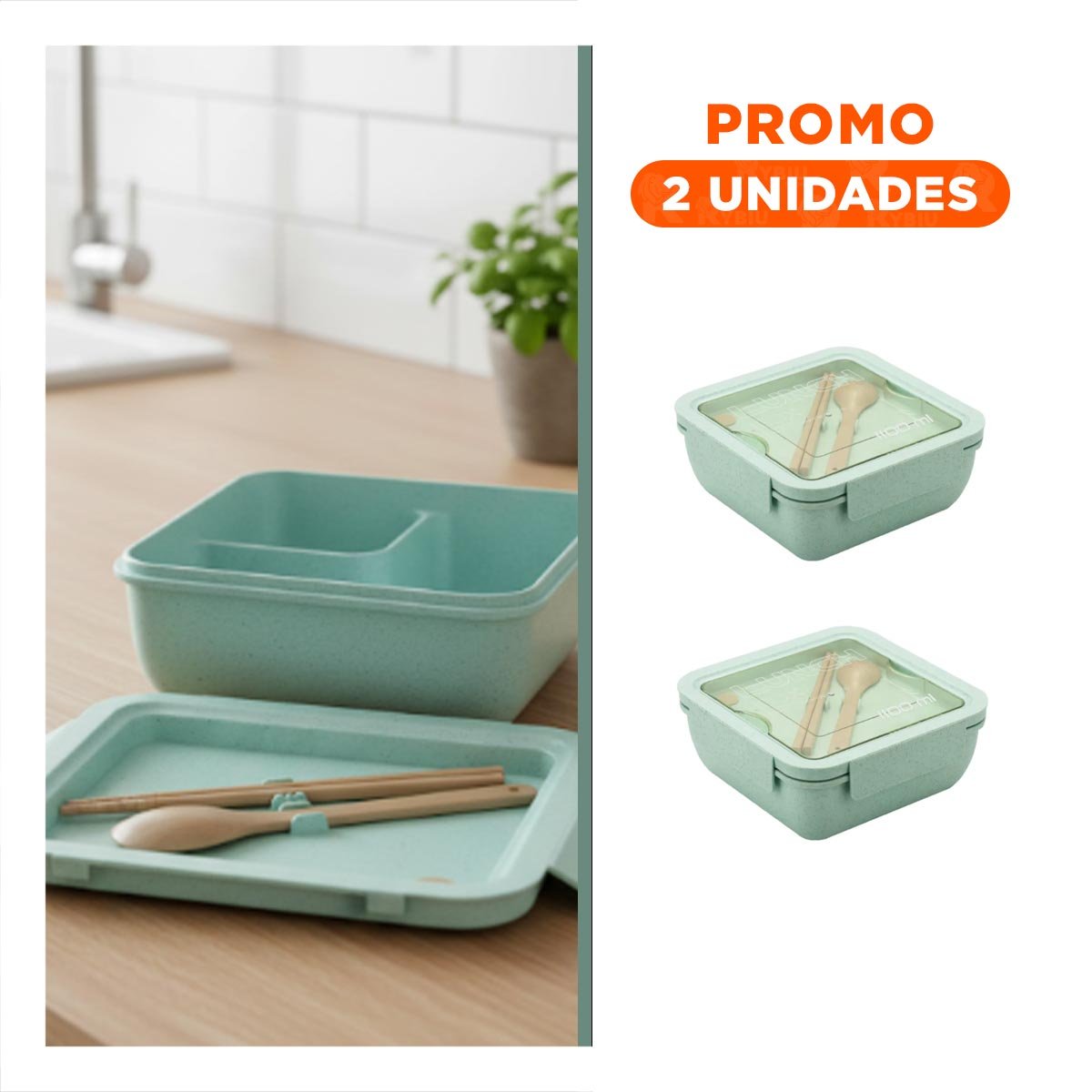 PACK2 LUNCHERA CUADRADA CON CUBIERTOS 1100ML VERDE AGUA PARA LUNCH Y HOGAR YREGALO STICKER - 1