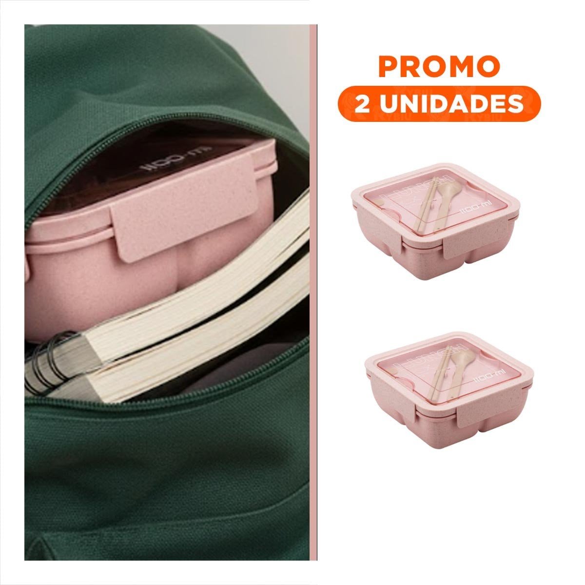 PACK2 TAPER CUADRADO CON CUBIERTOS 1100ML ROSADO PARA LUNCH Y COMIDA LISTA YREGALO STICKER - 1