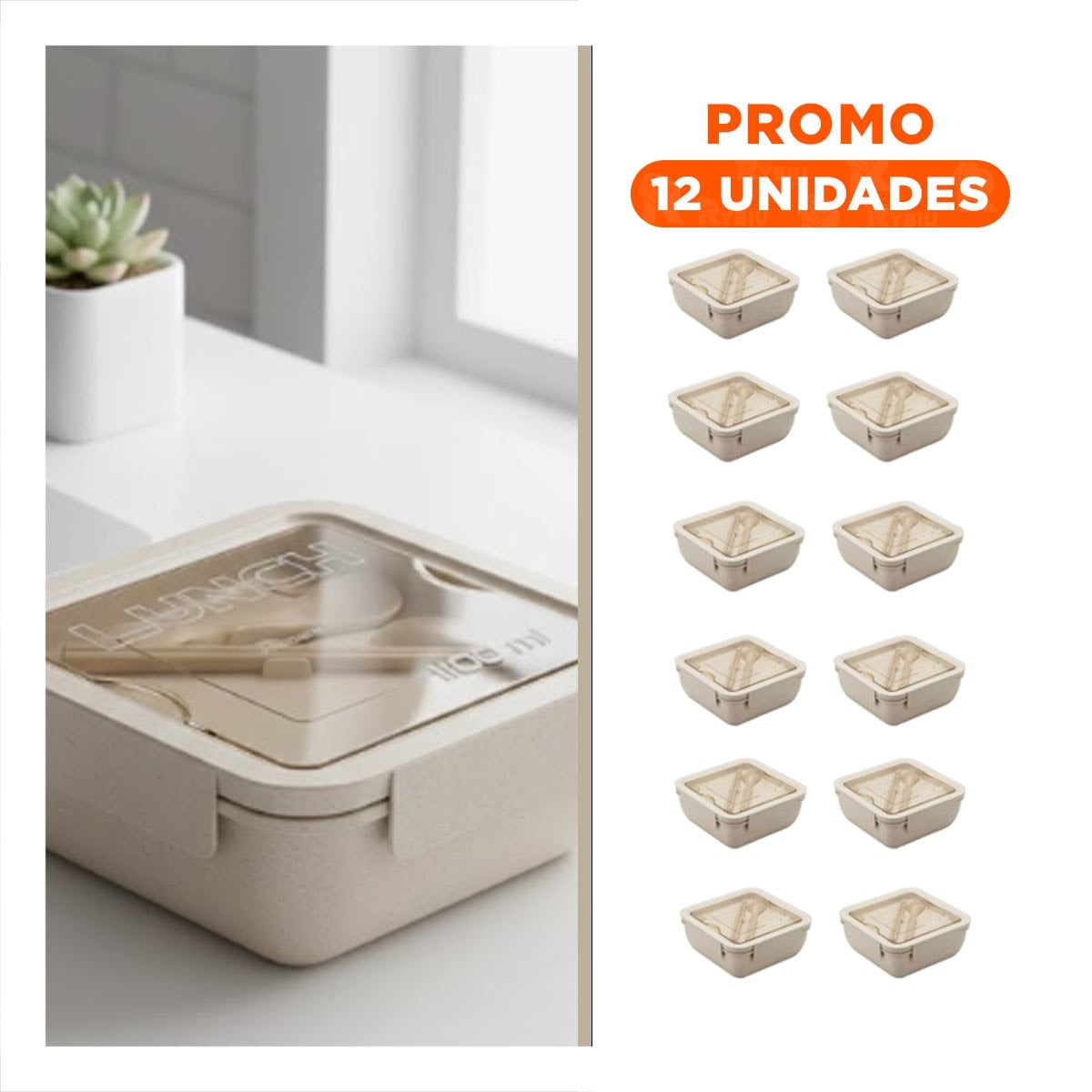 PACK12 CAJA RESISTENTE CON CUBIERTOS 1100ML BEIGE PARA LUNCH Y TRANSPORTE DIARIO - 1