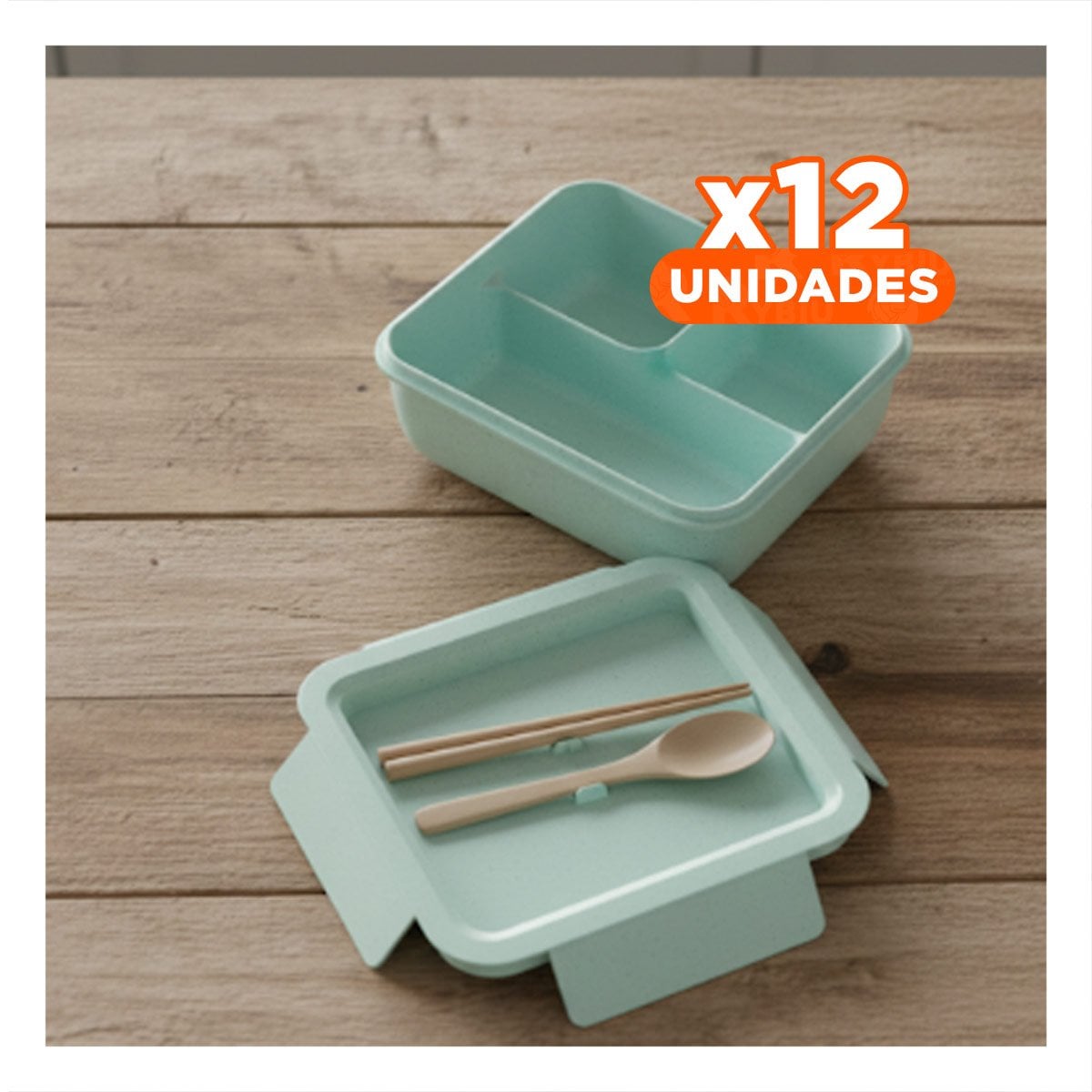 PACK12 KIT CUADRADO CON CUBIERTOS 1100ML VERDE AGUA PARA LUNCH Y HOGAR YPAPEL REGALO - 1