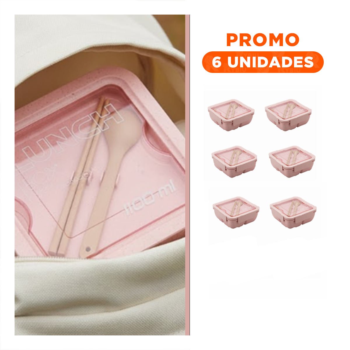PACK6 CONTENEDOR CUADRADO CON CUBIERTOS 1100ML ROSADO PARA LUNCH Y TRANSPORTAR YREGALO STICKER - 1