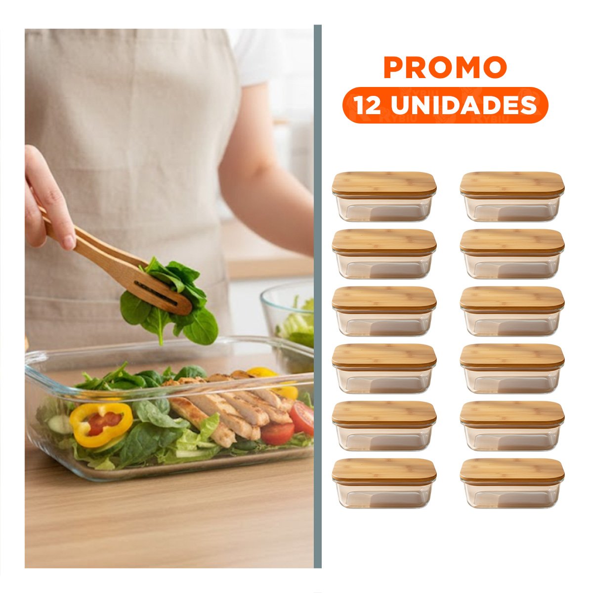 PACK12 CONTENEDOR 640ML RECTANGULAR TRANSPARENTE CON TAPA DE BAMBU PARA ORGANIZAR - 1