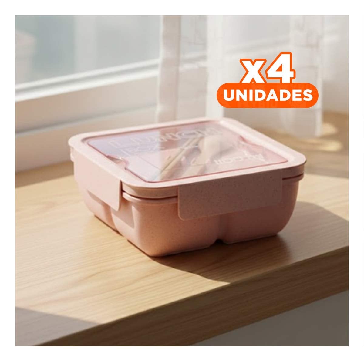 PACK4 CONTENEDOR CUADRADO CON CUBIERTOS 1100ML ROSADO PARA LUNCH Y ORGANIZAR YREGALO STICKER - 1