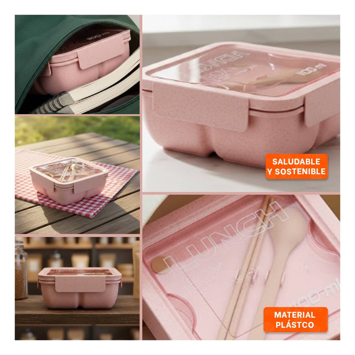 PACK4 CONTENEDOR CUADRADO CON CUBIERTOS 1100ML ROSADO PARA LUNCH Y ORGANIZAR YREGALO STICKER - 2
