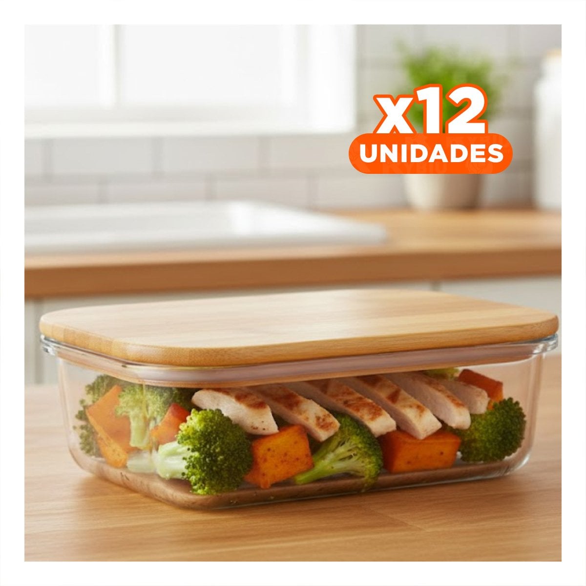 PACK12 RECIPIENTE DE 1040ML RECTANGULAR TRANSPARENTE CON TAPA BAMBU HOGAR YREGALO STICKER - 1