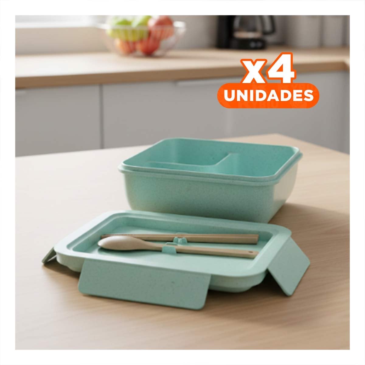 PACK4 SERVICIO CUADRADO CON CUBIERTOS 1100ML VERDE AGUA PARA LUNCH Y HOGAR YREGALO STICKER - 1