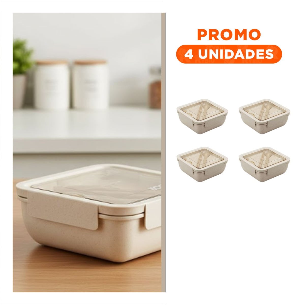 PACK4 CONTENEDOR PORTATIL CON CUBIERTOS 1100ML BEIGE PARA LUNCH Y COMIDA RAPIDA - 1