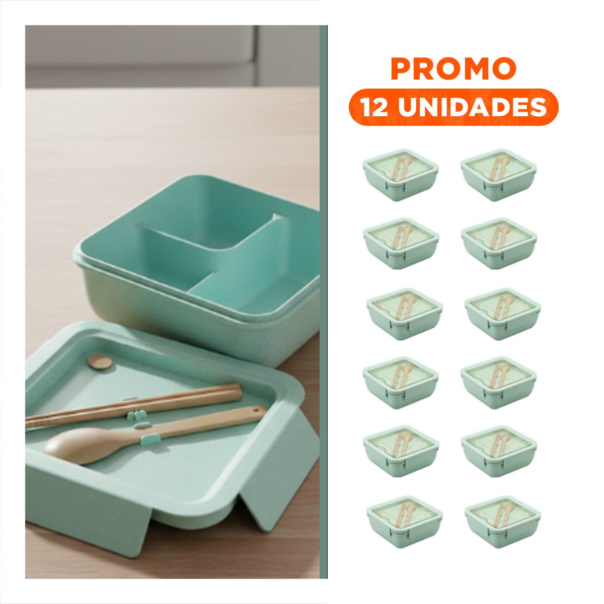 PACK12 BOL CUADRADO CON CUBIERTOS 1100ML VERDE AGUA PARA LUNCH Y HOGAR - 1