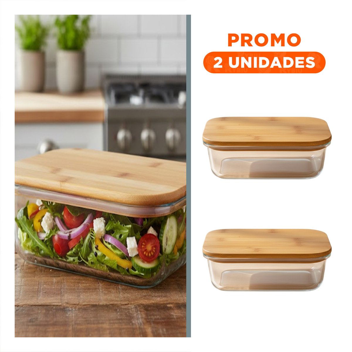 PACK2 TAPER DE VIDRIO 1040ML RECTANGULAR TRANSPARENTE CON TAPA BAMBU COMIDA YREGALO STICKER - 1