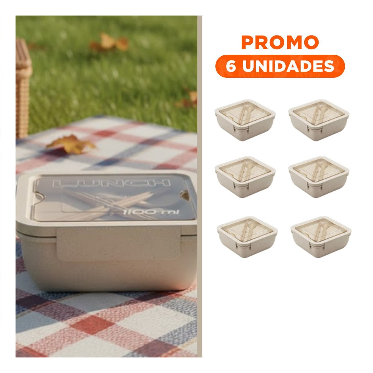 PACK6 CONTENEDOR COMPACTO CON CUBIERTOS 1100ML BEIGE PARA LUNCH Y COMIDA YREGALO STICKER - 1