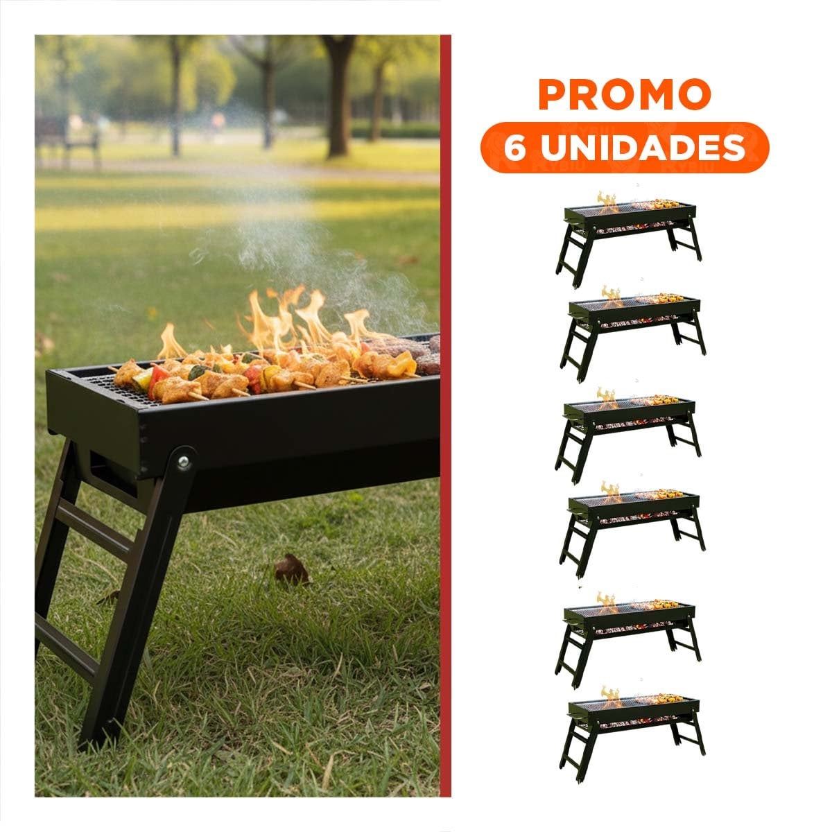 PACK6 GRILL PORTATIL 60X22X31 5 CM EN NEGRO MODERNO PARA REUNIONES AL AIRE YREGALO STICKER - 1