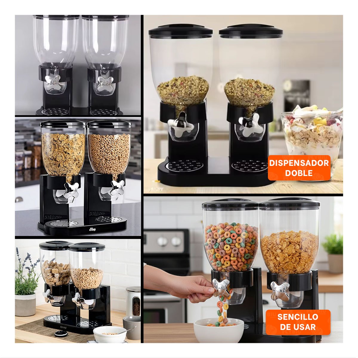 DISTRIBUIDOR DOBLE DE GRANOS 2L NEGRO MODERNO Y PRACTICO PARA CASA YPAPEL REGALO - 3