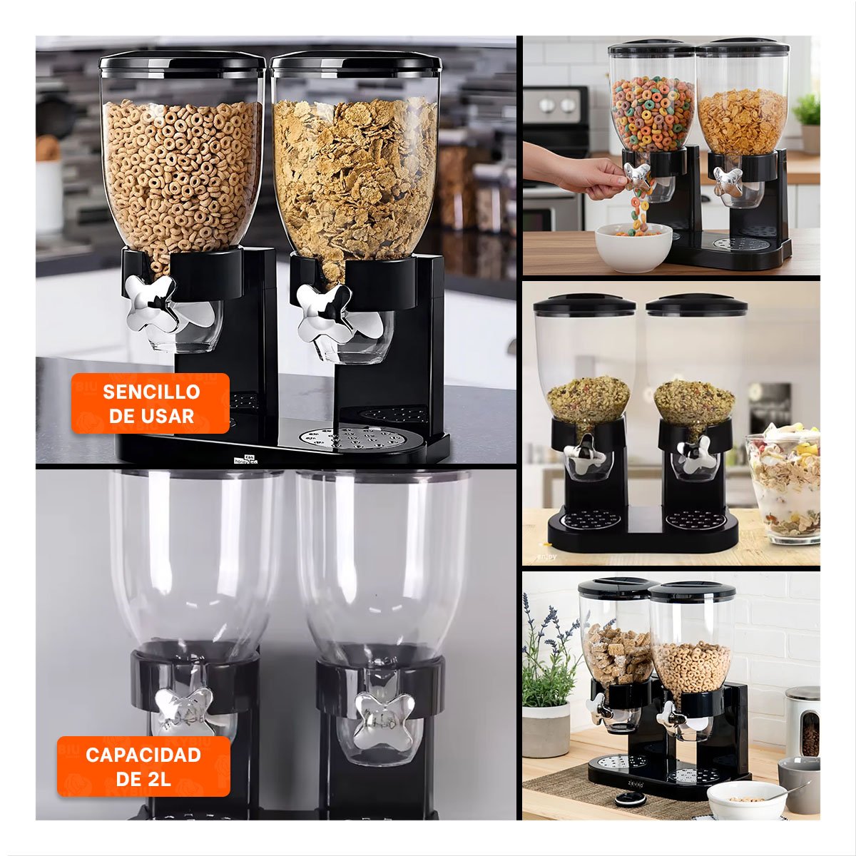 PACK2 TOLVA DOBLE DE GRANOS 2L NEGRO FACIL DE USAR PARA HOGAR Y COCINA YPAPEL REGALO - 3