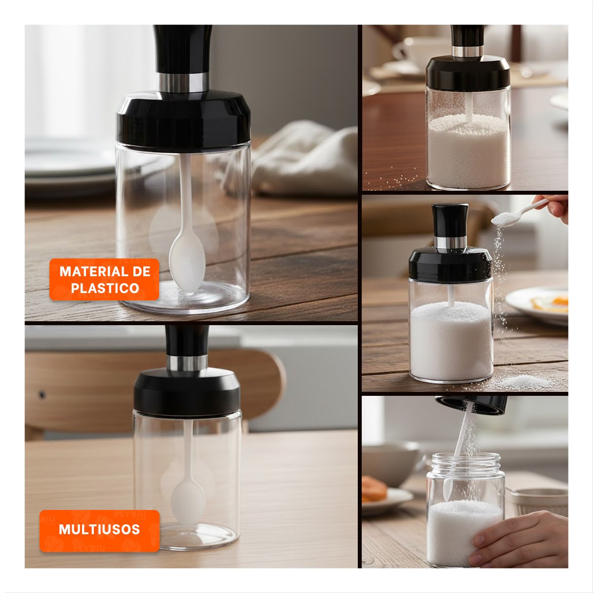 PIMENTERO CON CUCHARITA TRANSPARENTE Y NEGRO PARA COCINA Y COMEDOR MODERNO YLIGAS REGALO - 1