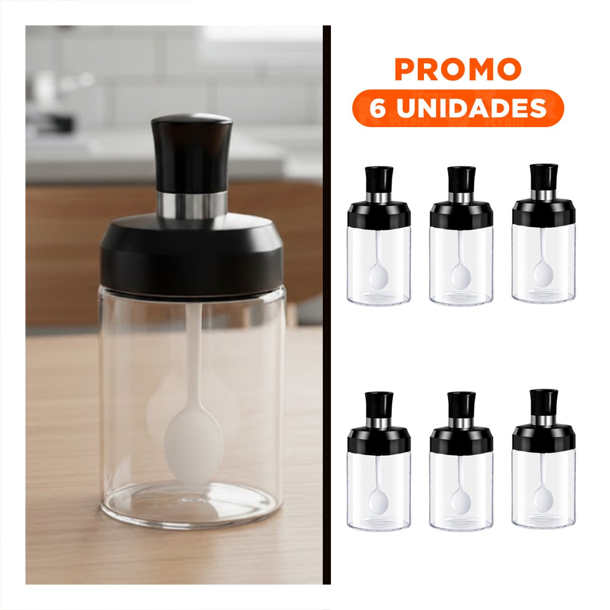 PACK6 CAJA PARA ESPECIAS TRANSPARENTE Y NEGRO CON CUCHARITA YREGALO STICKER - 1