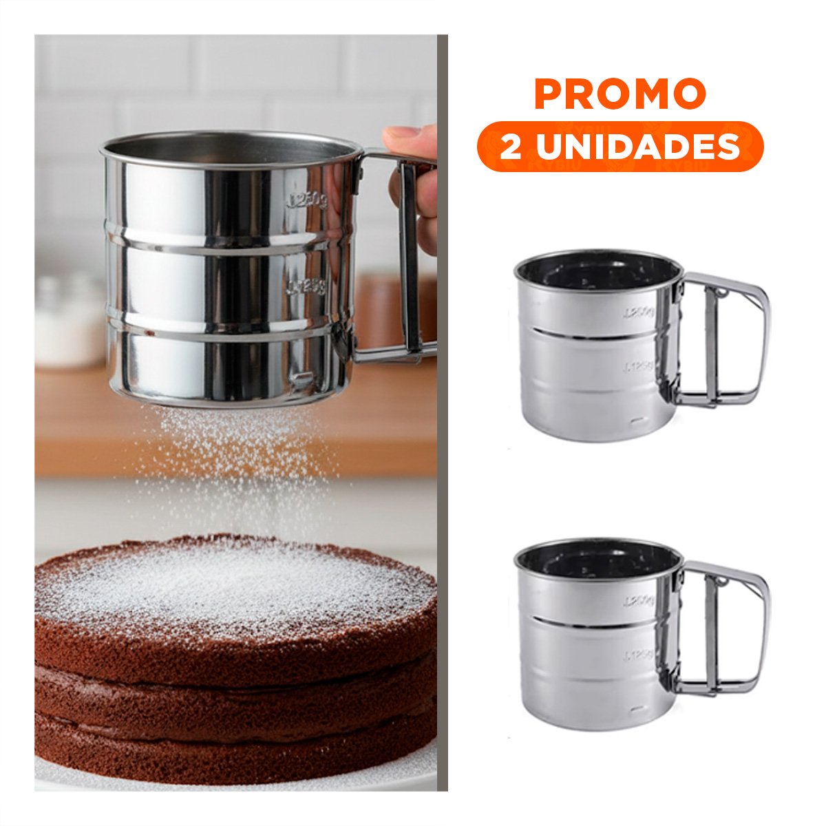PACK2 TAMIZADOR COMPACTO PLATEADO PARA HARINA EN REPOSTERIA YREGALO STICKER - 1