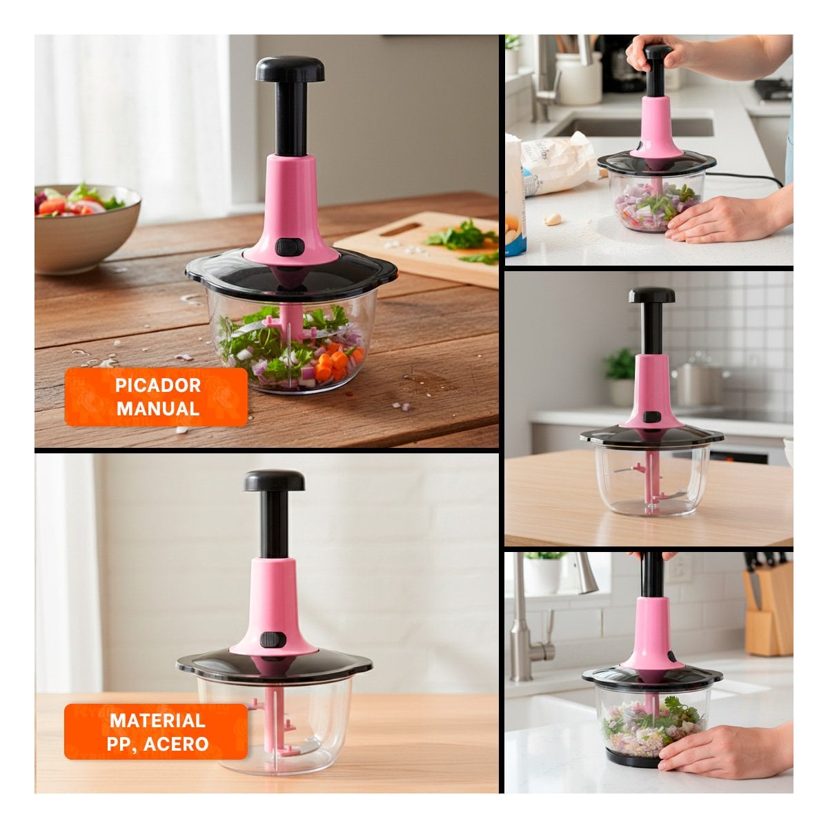 PICADOR MANUAL MULTIFUNCIONAL 2L ROSADO Y NEGRO PARA COCINA Y HOGAR - 2