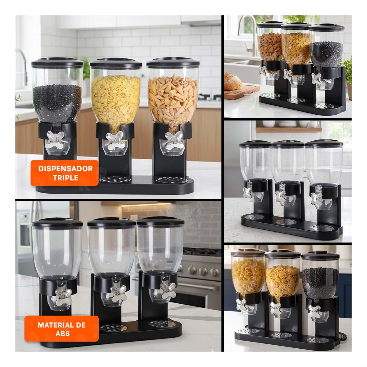 RECIPIENTE TRIPLE DE GRANOS NEGRO PARA GUARDAR CEREALES LEGUMBRES Y GRANOS YLIGAS REGALO - 1