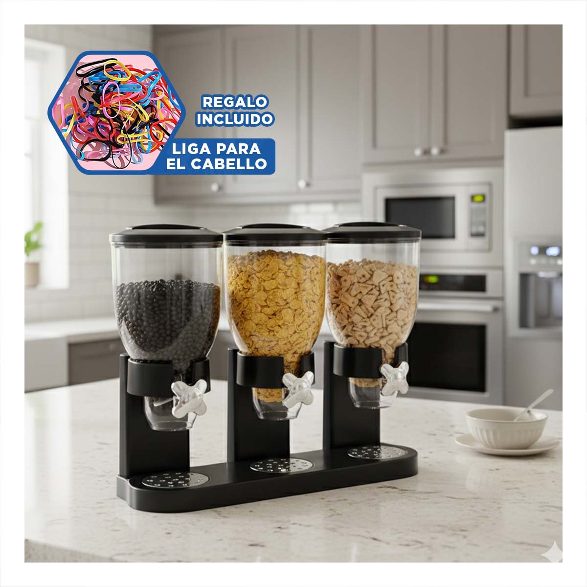 RECIPIENTE TRIPLE DE GRANOS NEGRO PARA GUARDAR CEREALES LEGUMBRES Y GRANOS YLIGAS REGALO - 2