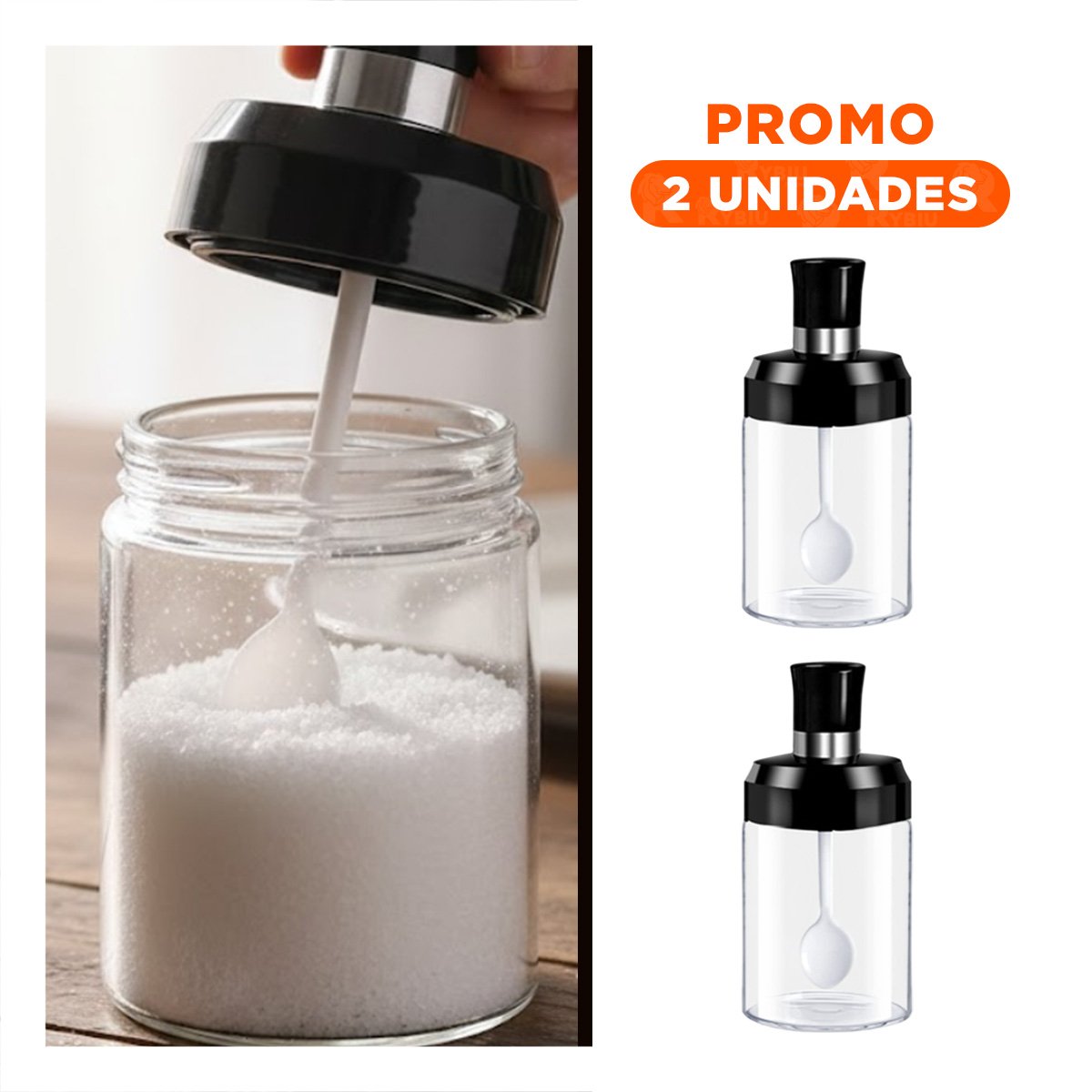 PACK2 DISPENSADOR DE CONDIMENTOS TRANSPARENTE Y NEGRO CON CUCHARITA YREGALO STICKER - 1