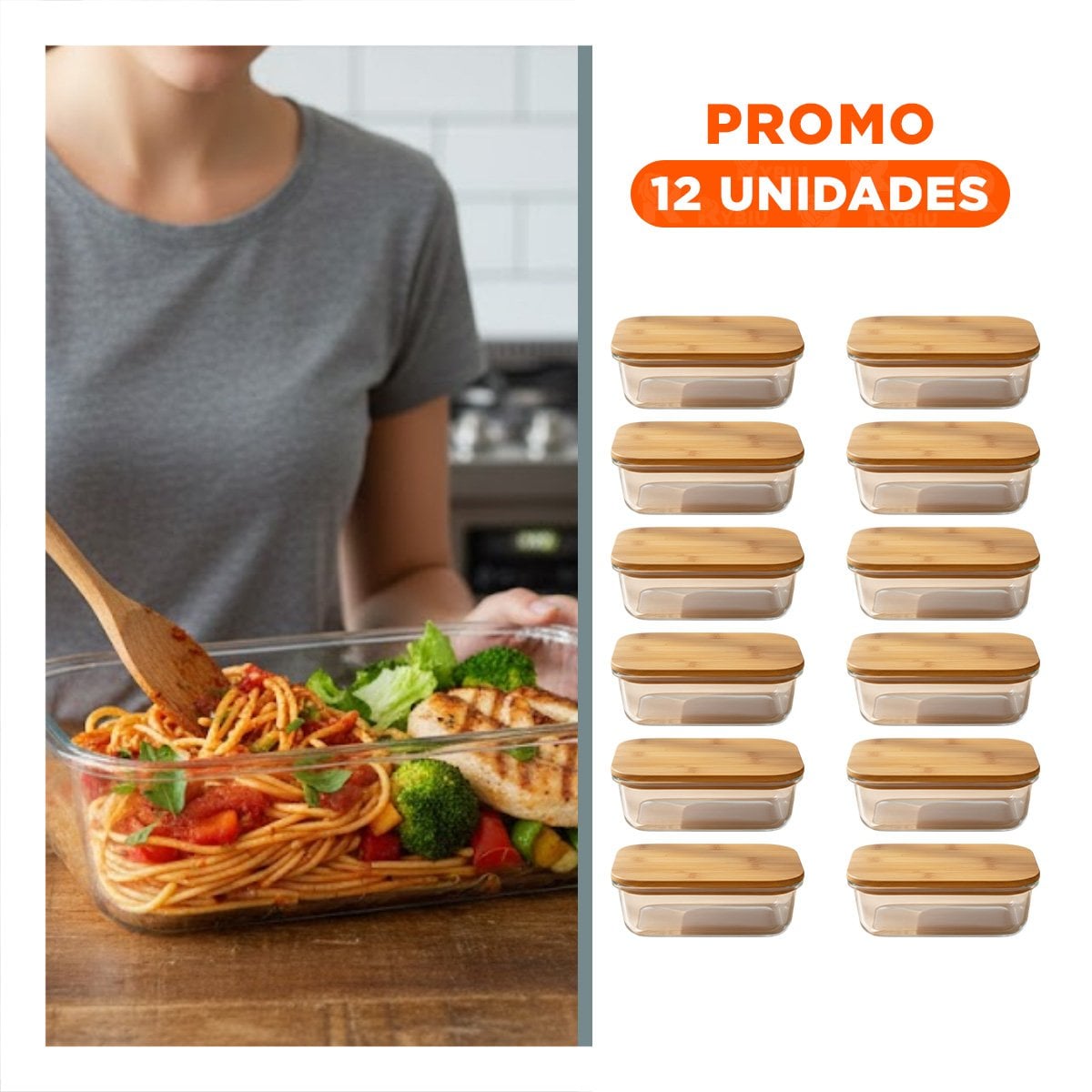 PACK12 ENVASE DE VIDRIO 1040ML RECTANGULAR TRANSPARENTE CON TAPA BAMBU ORGANIZADO - 1