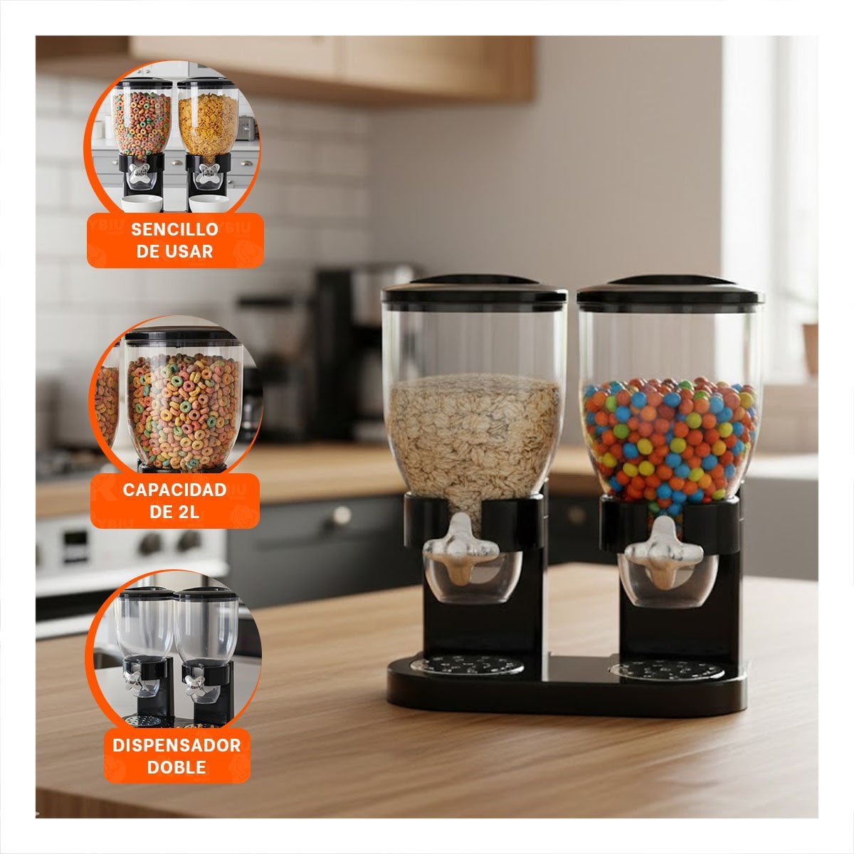 PACK4 FRASCO DOBLE DE GRANOS 2L NEGRO TRANSPARENTE Y UTIL PARA DESPENSA YREGALO STICKER - 5