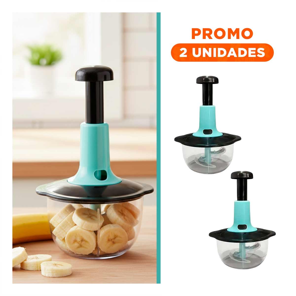 PACK2 PROCESADOR DE FRUTAS MANUAL 2L CELESTE Y NEGRO PARA USO DIARIO YREGALO STICKER - 1