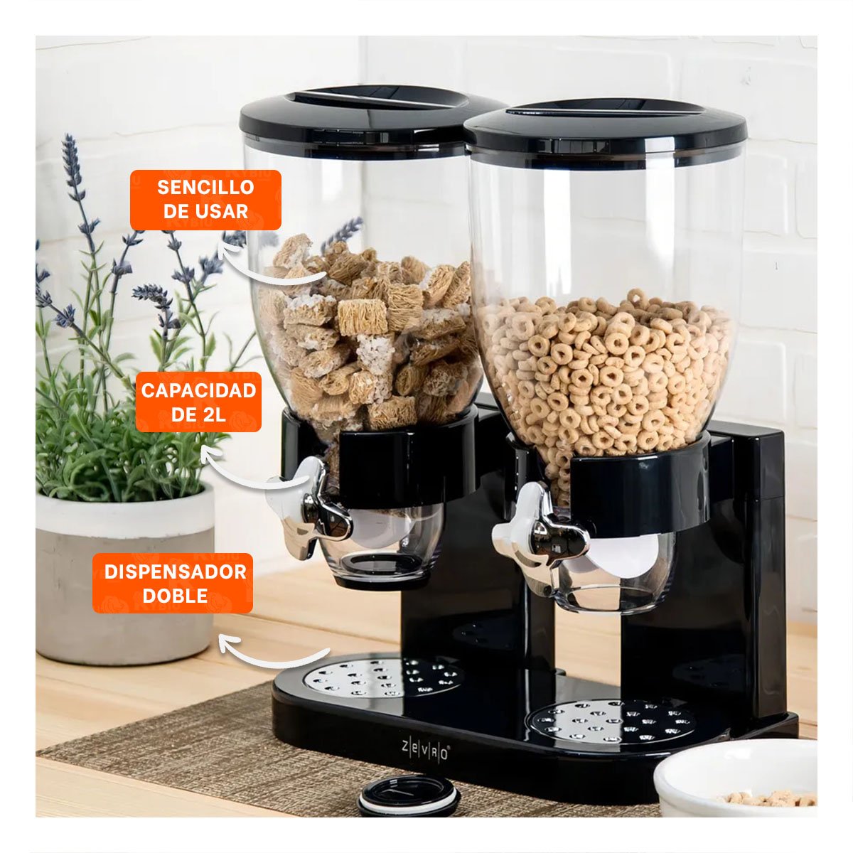 PACK6 SILO DOBLE DE GRANOS 2L NEGRO COMPACTO Y DURADERO PARA COCINA - 2