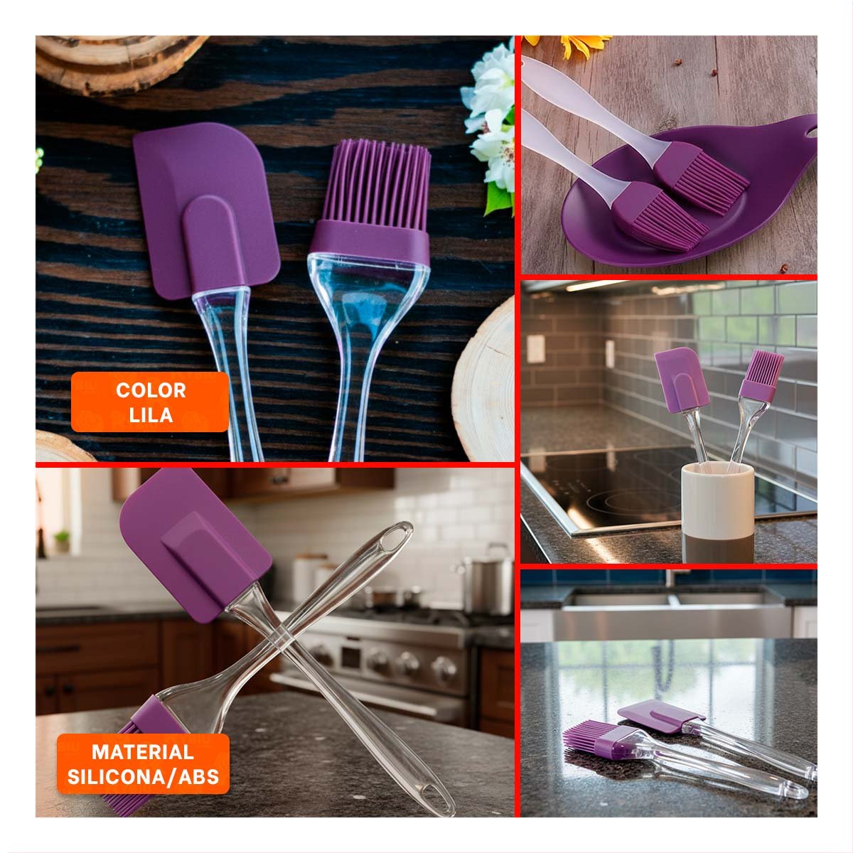 PACK6 PINCEL FLEXIBLE Y ESPATULA DE SILICONA LILA PARA COCINA HOGAR YPAPEL REGALO - 3