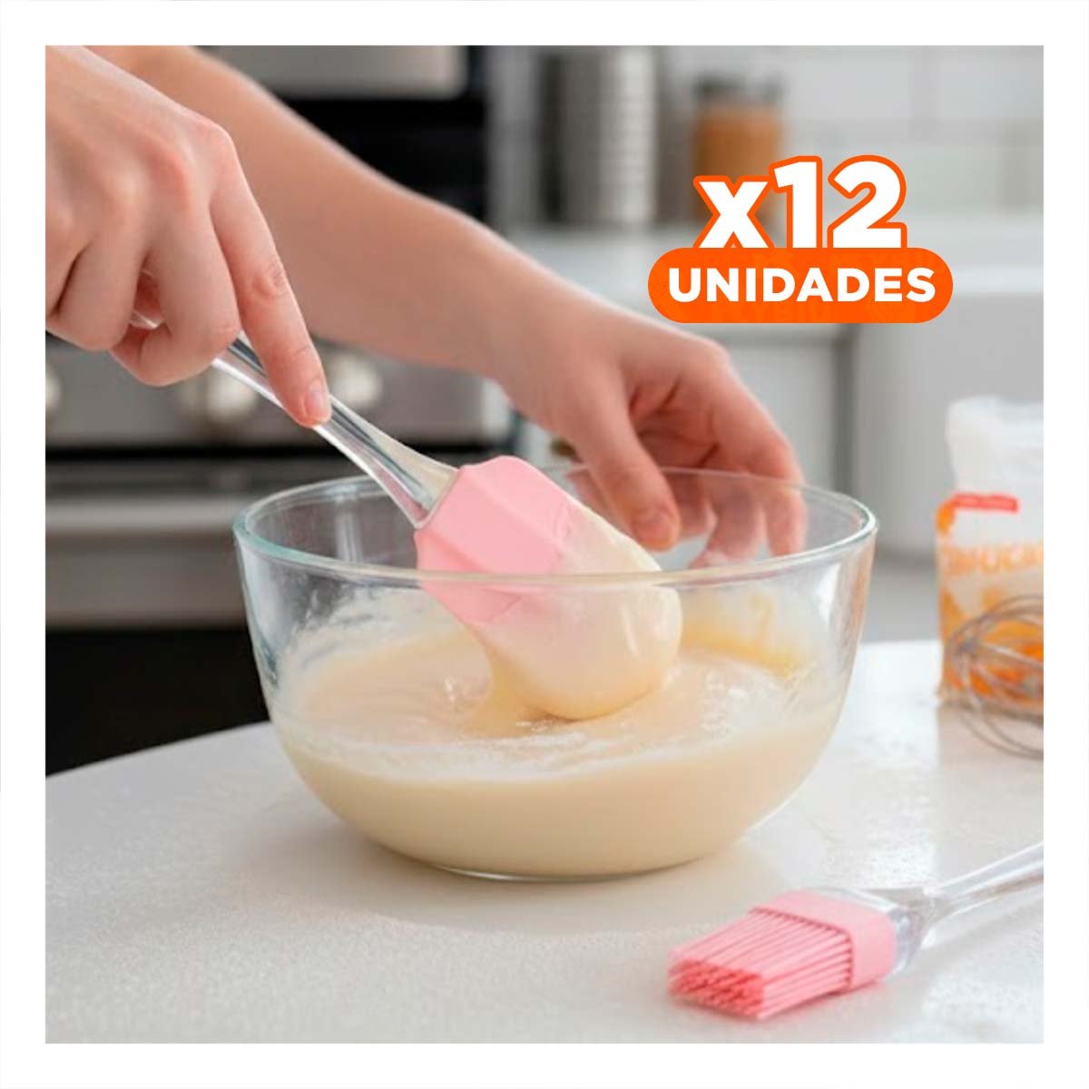 PACK12 SOLUCION ESPATULA Y BROCHA DE SILICONA ROSADO PARA COCINA DIARIA YREGALO STICKER - 1
