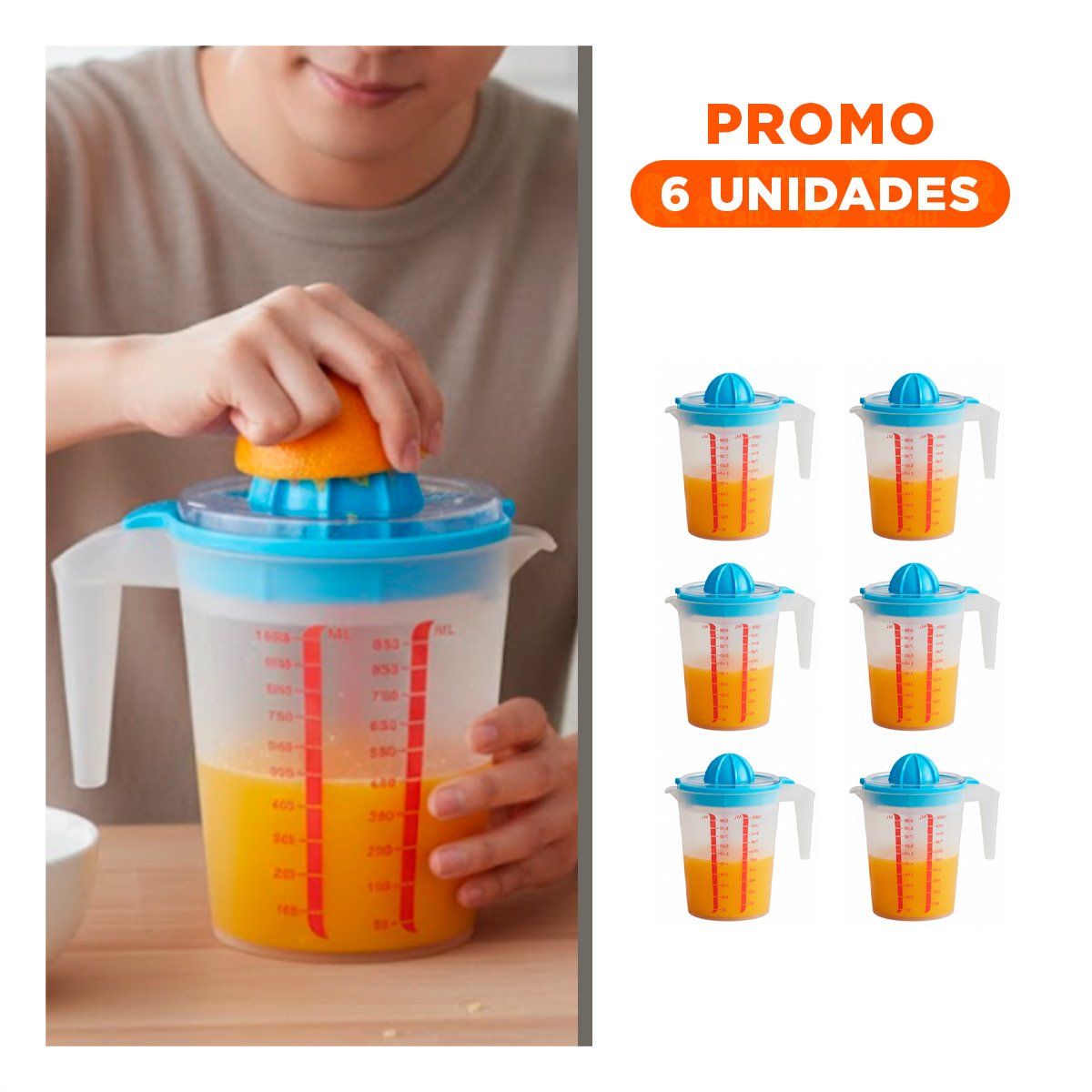 PACK6 PRENSA PRACTICA CON CONTENEDOR MEDIDOR 1000 ML COLOR CELESTE YREGALO STICKER - 1