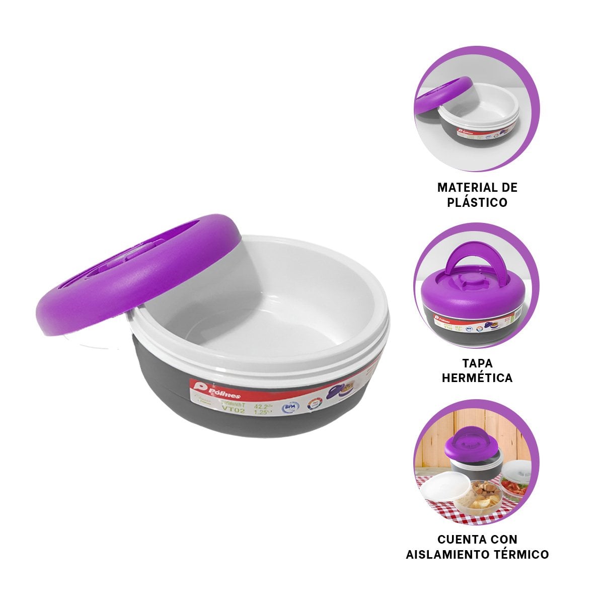 RECIPIENTE TERMICO CIRCULAR 1.25L PRACTICO PARA LLEVAR COMIDA MORADO Y PLOMO YPAPEL REGALO - 5