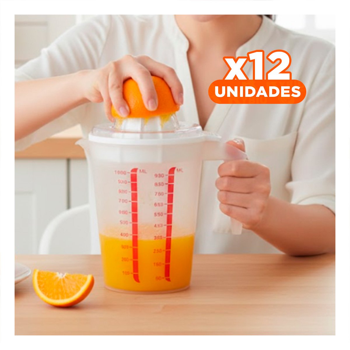 PACK12 UTENSILIO DE COCINA PARA JUGO DE NARANJA CON MEDIDOR BLANCO YREGALO STICKER - 1