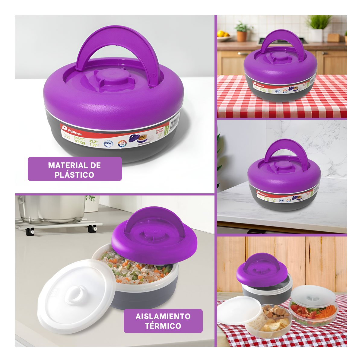TAPER TERMICO CIRCULAR 1.25L MORADO Y PLOMO PARA ALMUERZOS CASEROS - 2