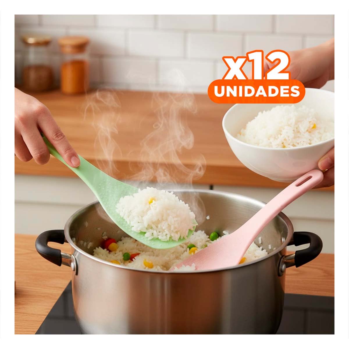 PACK12 UTENSILIO HOGAR ROSADO Y VERDE CLARO PARA ARROZ COCINA FACIL LIMPIEZA YREGALO STICKER - 1