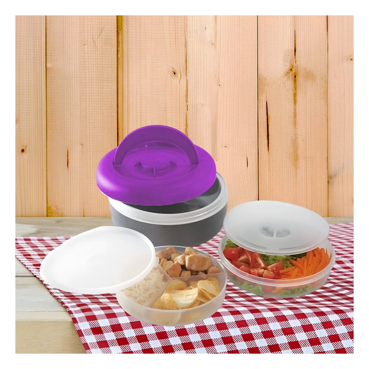 PACK4 CONTENEDOR DE ALMUERZO 1.25L MORADO Y PLOMO CON DISEÑO COMPACTO YPAPEL REGALO - 2