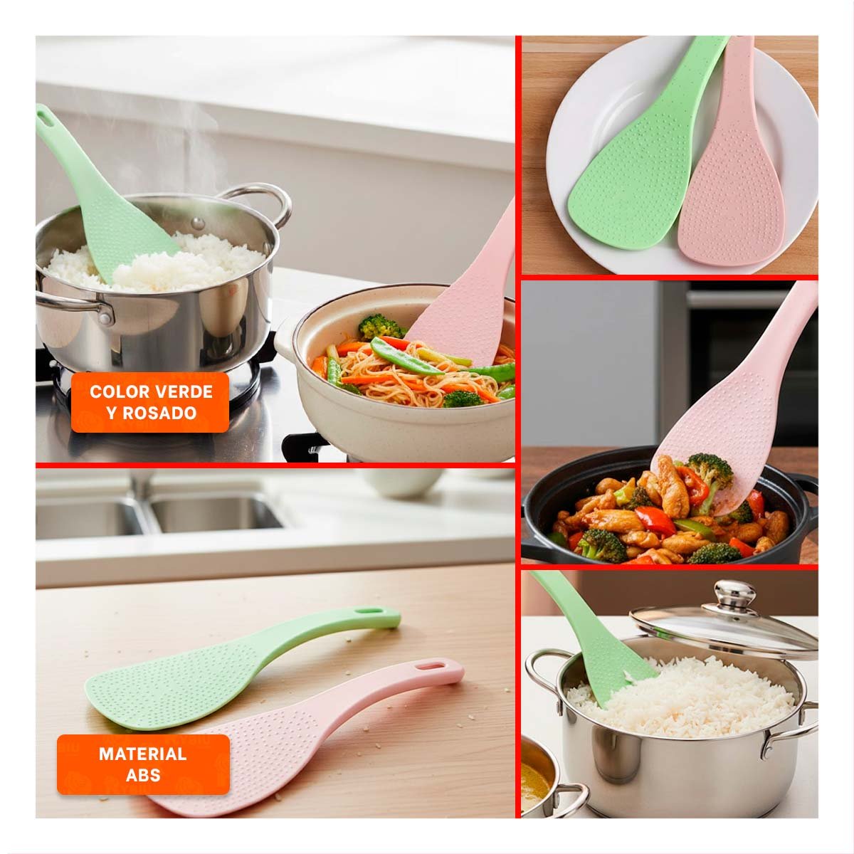 PACK6 CUCHARA HOGAR GRANDE ROSADO Y VERDE CLARO PARA ARROZ COCINA MATERIAL YPAPEL REGALO - 3