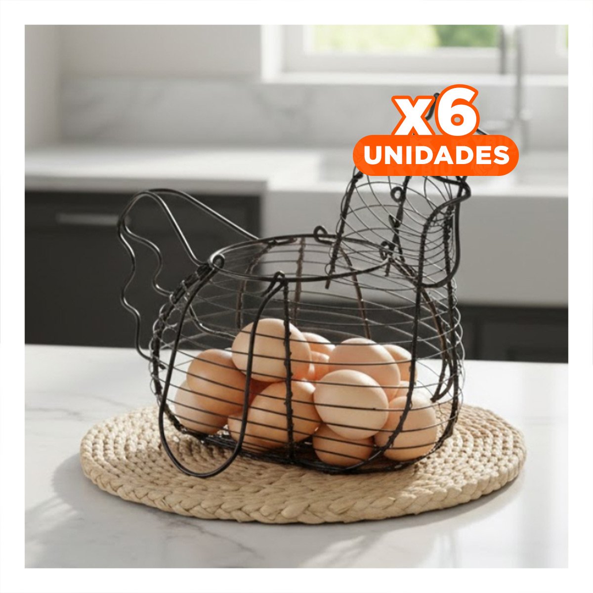 PACK6 PORTA HUEVOS CON ASA NEGRO CON DETALLE DE GALLINA PARA CASA YPAPEL REGALO - 1