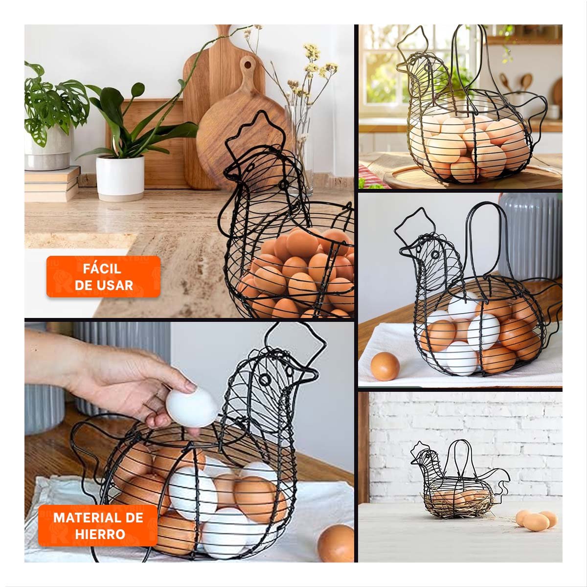 PACK6 PORTA HUEVOS CON ASA NEGRO CON DETALLE DE GALLINA PARA CASA YPAPEL REGALO - 3