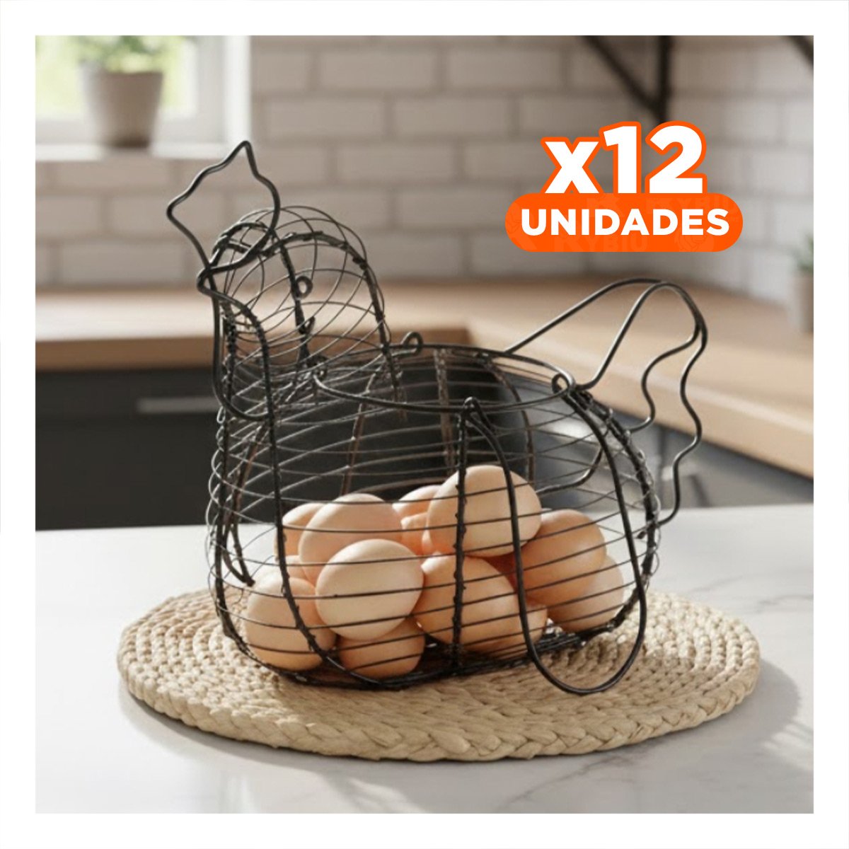 PACK12 BANDEJA PARA HUEVOS CON ASA NEGRO DECORACION CON DISEÑO GALLINA CASA YREGALO STICKER - 1